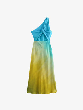 Vestido Longo Acetinado de Um Ombro Só - Aqua Luxe