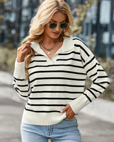 Suéter Listrado Decote Gola Camisa - Léa