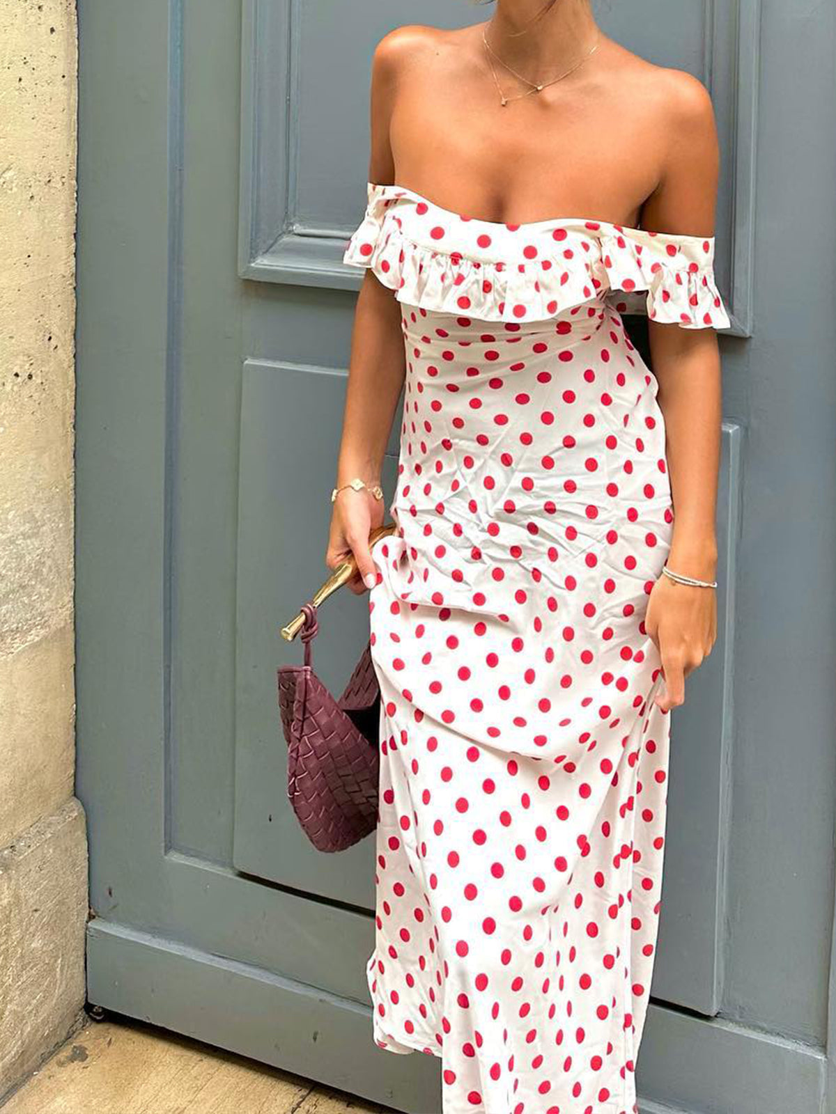 Vestido Longo com Babados e Estampa Polka