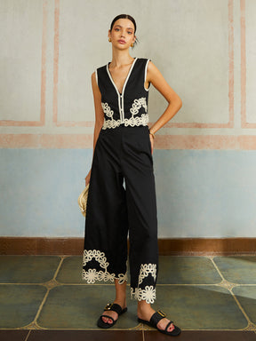 Conjunto de Top e Calça Casual Bordado Sem Mangas