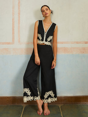 Conjunto de Top e Calça Casual Bordado Sem Mangas