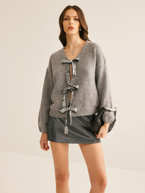 Cardigan com Nó e Laço em Decote V