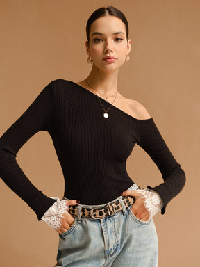 Suéter Slim Assimétrico com Punho de Renda