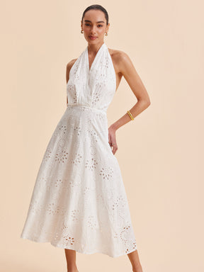 Vestido Midi com Decote Halter e Cinto e Ilhós