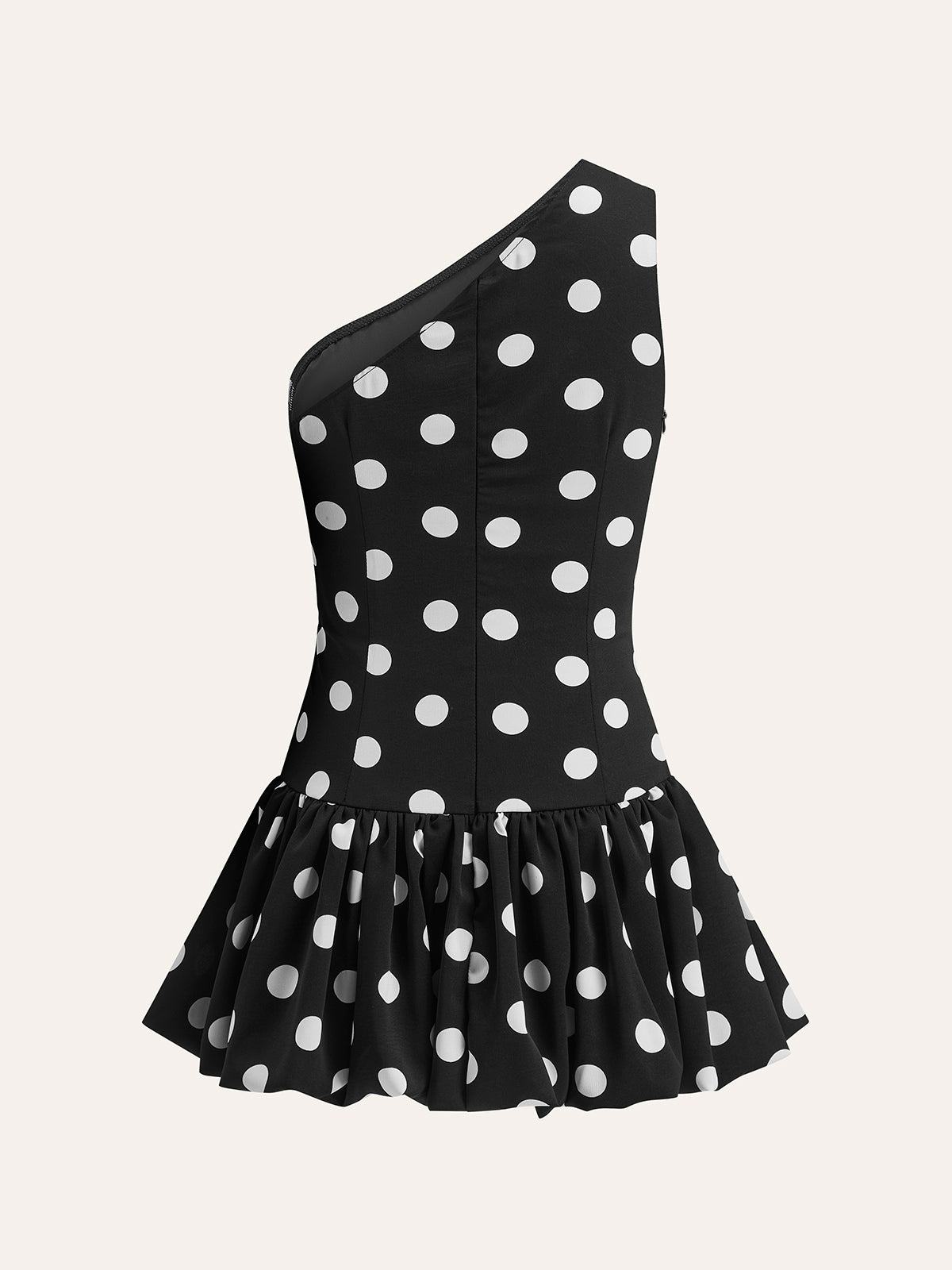 Vestido Curto de Um Ombro com Estampa Polka