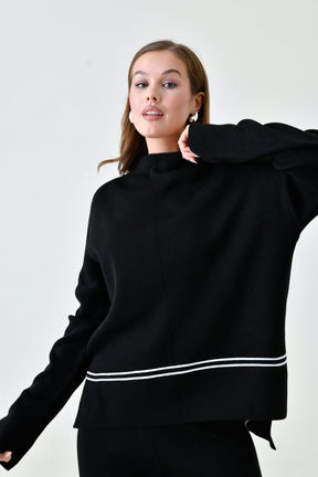 Conjunto de Tricô com Suéter Mullet Gola Alta e Calça Cintura Alta Confortável