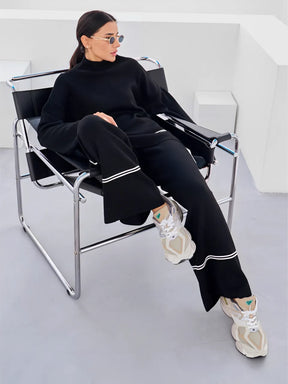 Conjunto de Tricô com Suéter Mullet Gola Alta e Calça Cintura Alta Confortável