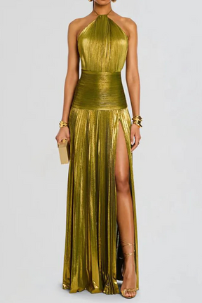 Vestido Longo Plissado e Fenda Lateral - Soleil