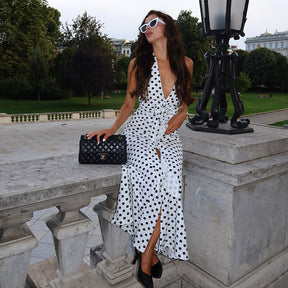 Vestido Longo com Decote Halter com Estampa em Poá - Vintage
