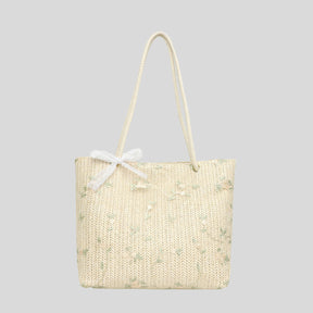 Bolsa de Praia em Palha Nobre Bordada com Flores