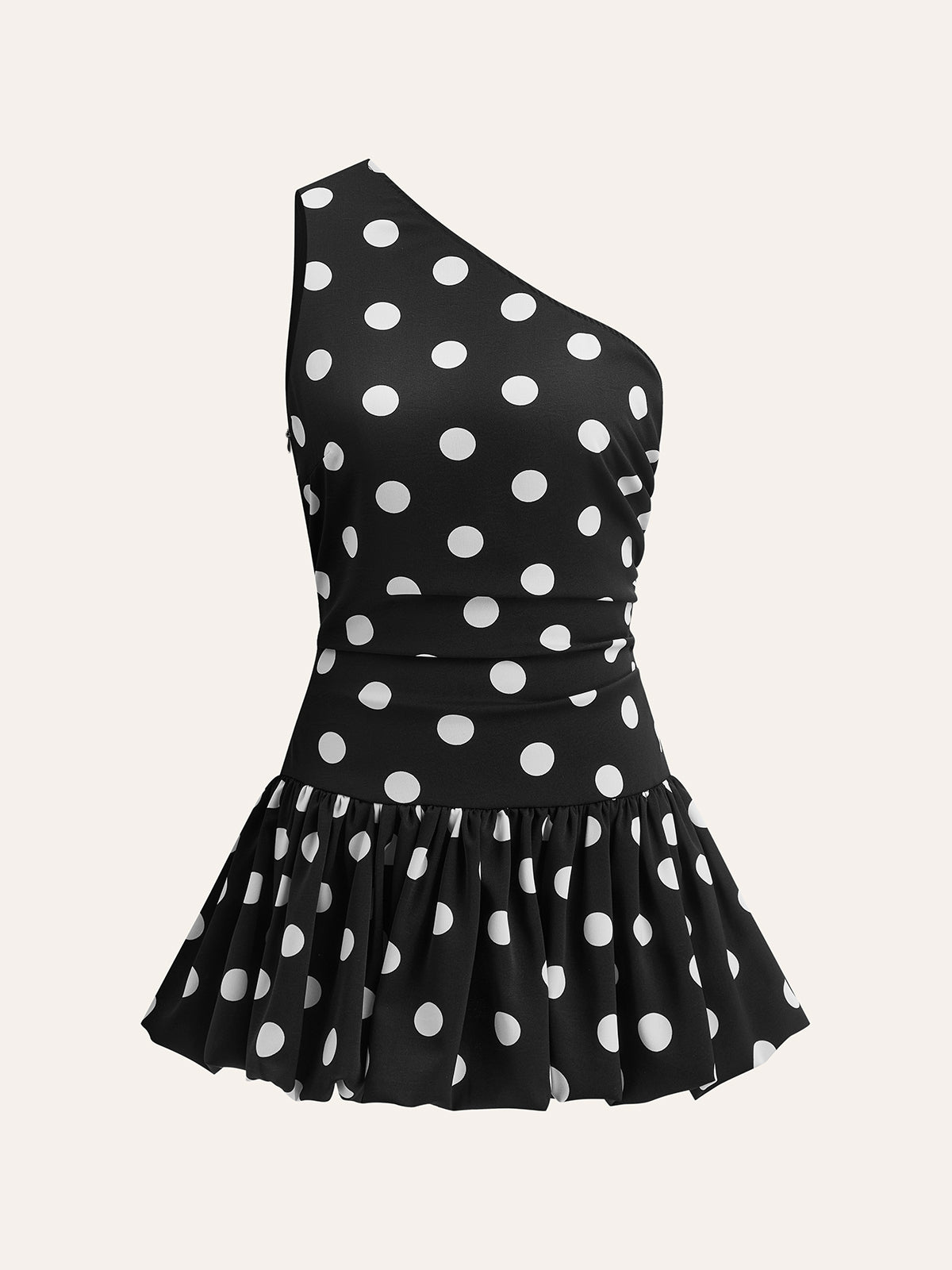 Vestido Curto de Um Ombro com Estampa Polka