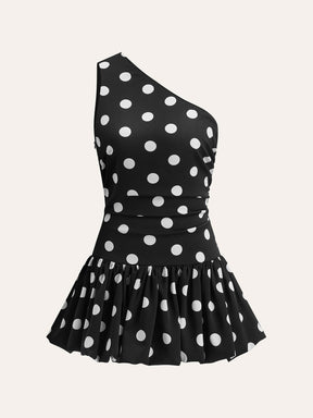Vestido Curto de Um Ombro com Estampa Polka